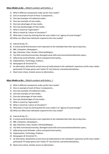 AQA GCSE Sociology - Mass Media - Revision matching task