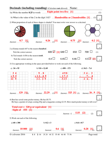 Decimals including rounding Homework or Revision resource