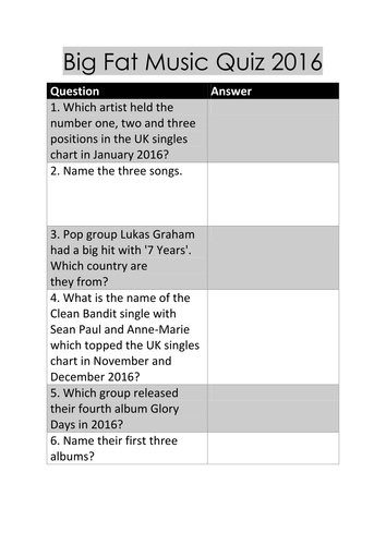 Christmas activity - Big Fat Music Quiz 2016