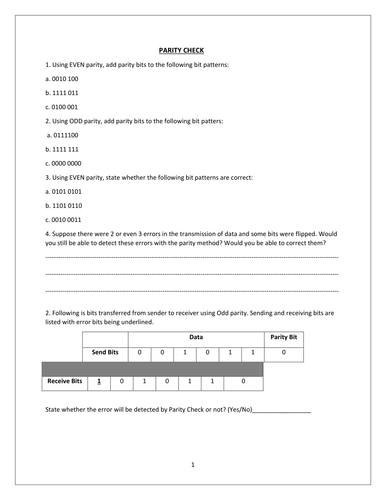 PARITY CHECK  WORKSHEET IGCSE  /O LEVEL