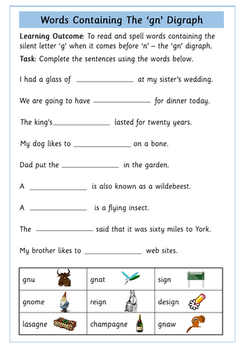 'gn' and 'kn' Digraphs Worksheets | Teaching Resources