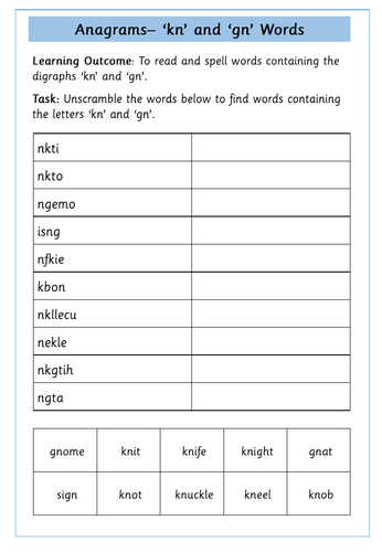 'gn' and 'kn' Digraphs Worksheets | Teaching Resources