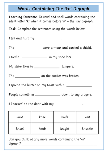 'gn' and 'kn' Digraphs Worksheets | Teaching Resources