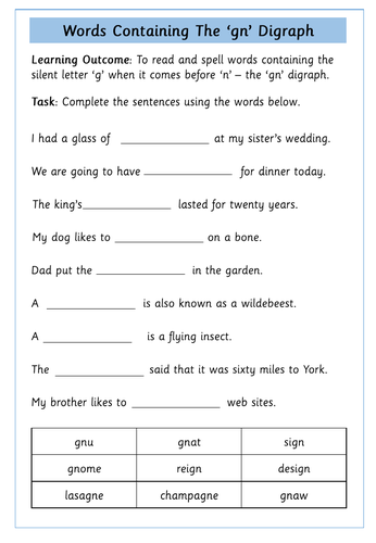 'gn' and 'kn' Digraphs Worksheets | Teaching Resources