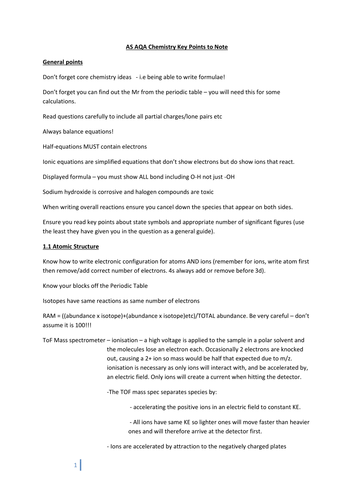 AS AQA Chemistry Key points to note