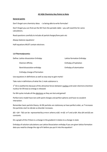 A2 AQA Chemistry Key points to note