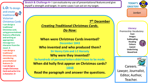 Contextual Christmas Cards- Creating Traditional Victorian Christmas Cards. Link to Charles Dickens