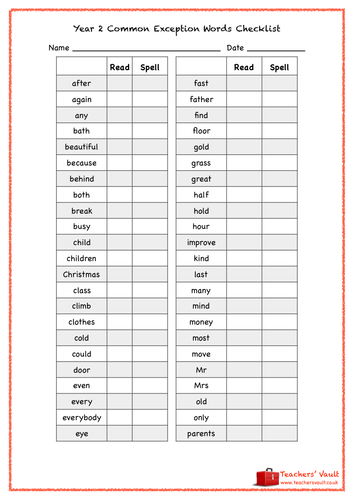Y2 Common Exception Words Teacher Checklist | Teaching Resources