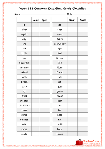 Y1&2 Common Exception Words Teacher Checklist | Teaching Resources