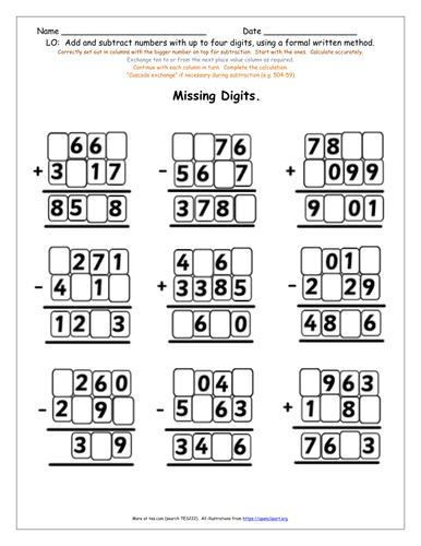 KS2 Y4 Formal Written Addition & Subtraction of 4 Digit Numbers: 8 ...