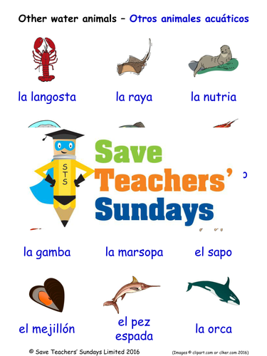 Other Water Animals in Spanish Worksheets, Games, Activities and Flash Cards (with audio)