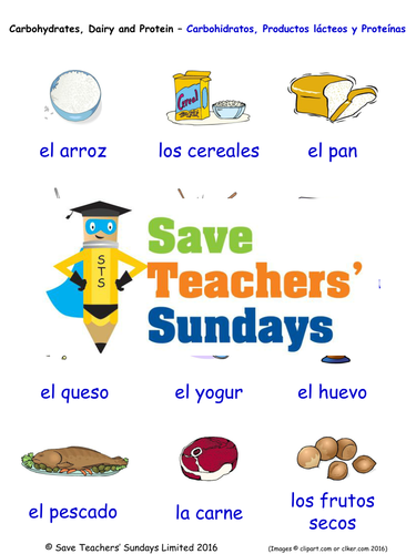 Carbohydrates, Dairy and Protein in Spanish Worksheets, Games, Activities & Flash Cards(with audio)