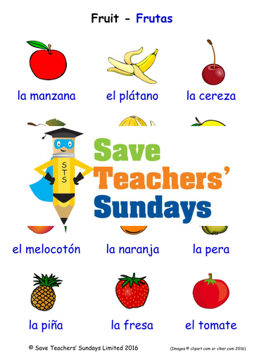 Fruits in Spanish  Worksheets, Games, Activities and Flash Cards (with audio)