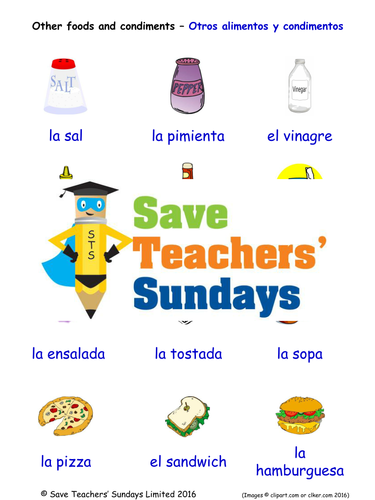 Other Food and Condiments in Spanish Worksheets, Games, Activities and Flash Cards (with audio)