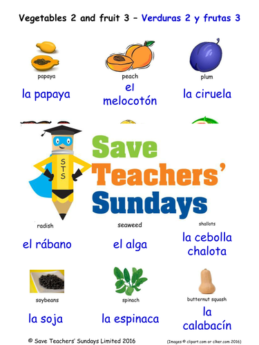 Fruits (2) and Vegetables (3) in Spanish Worksheets, Games, Activities and Flash Cards (with audio)