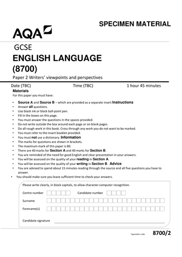 GCSE exam paper in the style of AQA English Language Paper 2 | Teaching ...