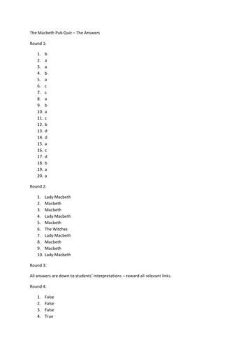 Answers to Macbeth Pub Quiz