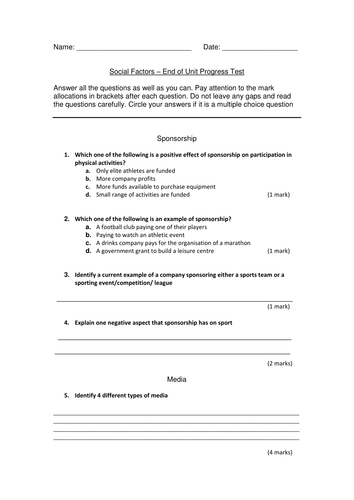 AQA GCSE PE - Social factors - Progress test