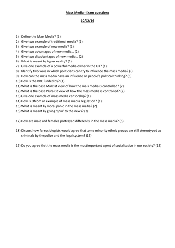 AQA GCSE Sociology - Mass Media - Progress test questions