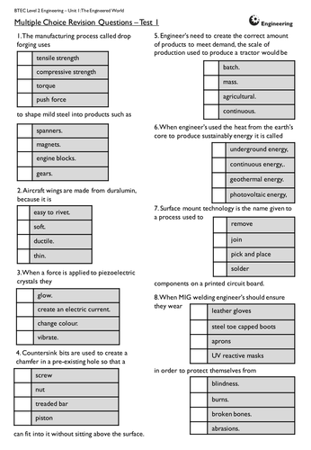 BTEC Engineering Level 2 Unit 1 The Engineered World - Multiple Choice quizzes.