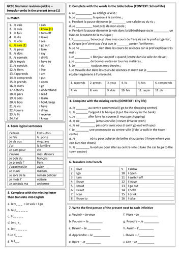 GCSE French Grammar Revision Quickie 1 Present Of High frequency 