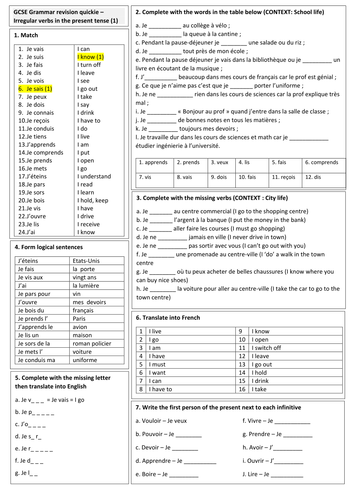 GCSE French Grammar Revision quickie 1 - Present of high-frequency irregular verbs (with solutions)