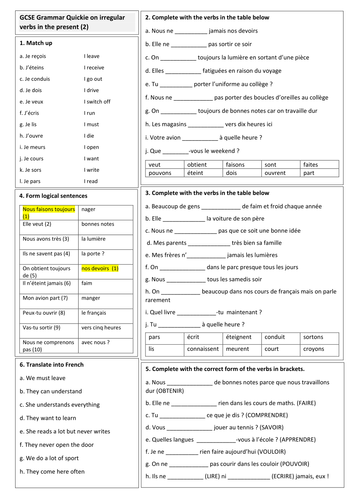 GCSE grammar revision quickie (2) - Present of irregular verbs ( all persons). Solution provided.