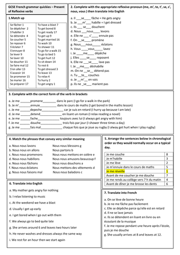 GCSE French Grammar quickie (4) - Reflexive verbs in the present (with SOLUTION)