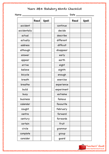 Y3&4 Statutory Words Teacher Checklist | Teaching Resources