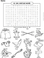 or, ore and oar Words: Phonics Worksheet: Digraphs Word Search
