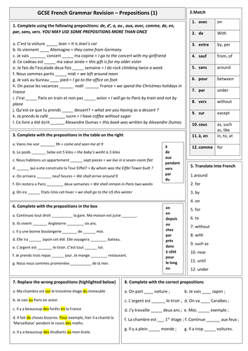 GCSE French grammar quickie (5)  - Prepositions (with solution)