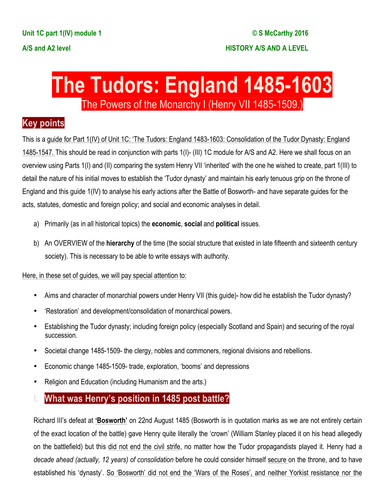 History A/S and A level History The Tudors: Consolidation of the Tudor