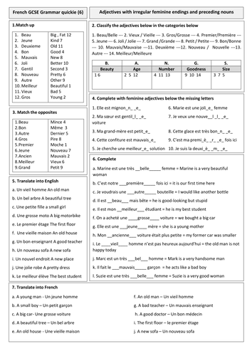 GCSE Grammar quickie - Irregular adjectives 1 (with solution)