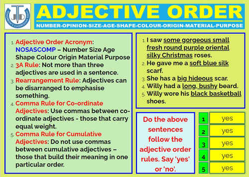 ADJECTIVE ORDER - SCAFFOLDING NOTES | Teaching Resources