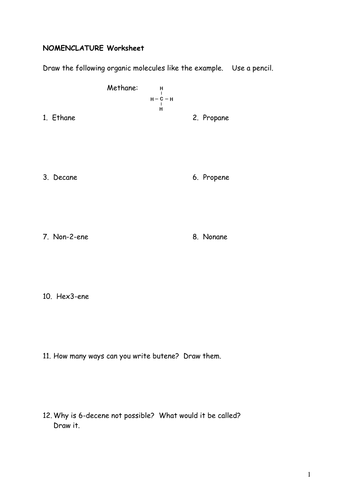 A' Level Organic Chemistry - naming molecules worksheet (inc answers