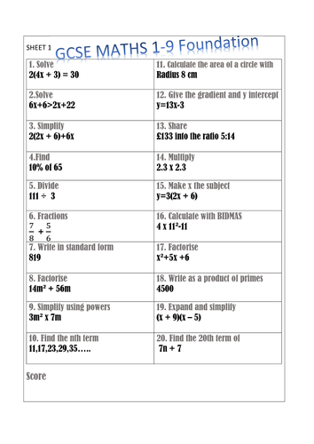 NEW MATHEMATICS 2018 GCSE 12 worksheets to test understanding on the ...