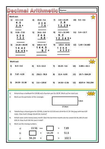 decimal addition and subtraction worksheet teaching resources