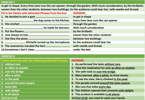 ADVERBIAL PHRASES: 17 WORKSHEETS WITH ANSWERS | Teaching Resources