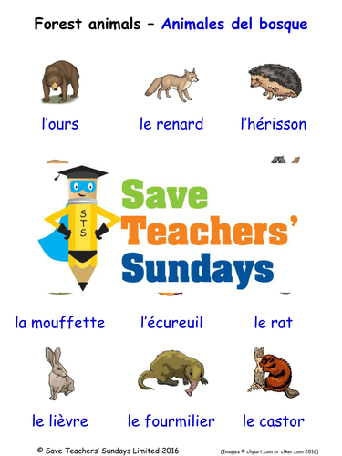 Forest animals in French Worksheets, Games, Activities and Flash Cards (with audio)
