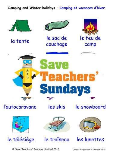 Camping and Winter Holidays in French Worksheets, Games, Activities and Flash Cards (with audio)