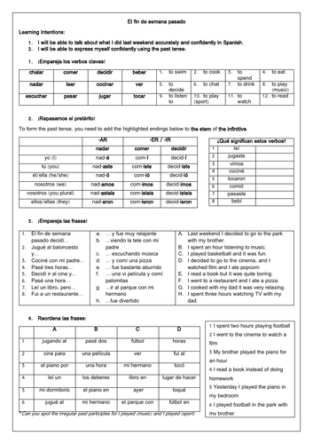 Spanish GCSE Past Tense Free Time Worksheet: ¿Qué hiciste el fin de semana pasado? (Preterite)