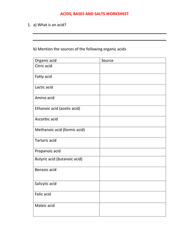 ACIDS, BASES AND SALTS WORKSHEETS WITH ANSWERS