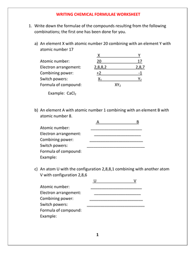 CHEMICAL FORMULA WORKSHEET WITH ANSWERS
