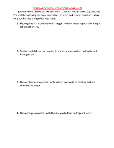 WORD TO SYMBOL EQUATIONS WORKSHEET WITH ANSWERS