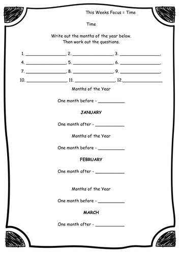 Year 2 - Time - Days of the Week / Months Year - Worksheets