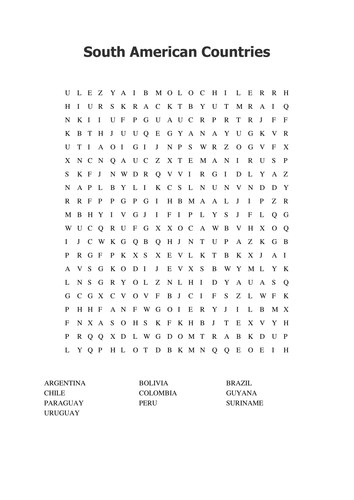 South American Countries Word Search | Teaching Resources