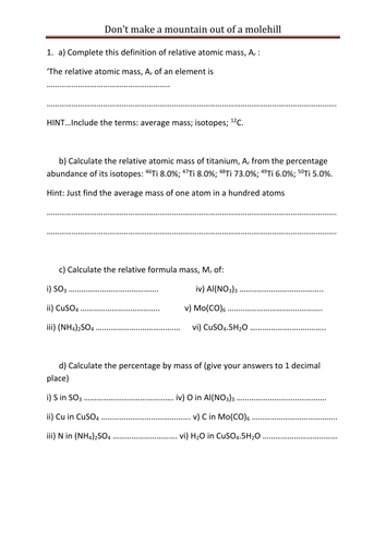 Moles questions worksheet with answers - Mountain out of a Molehill