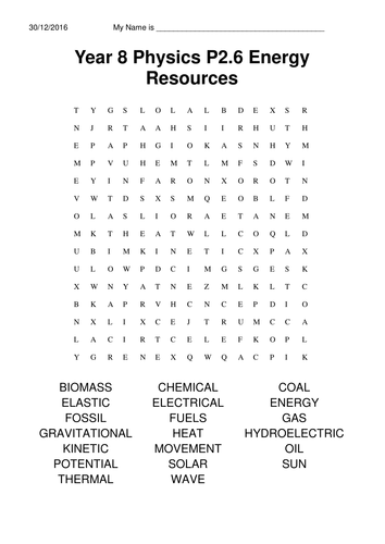 Year 8 Physics P2 2.6 Energy Resources Keyword Search and Exam Question Worksheet