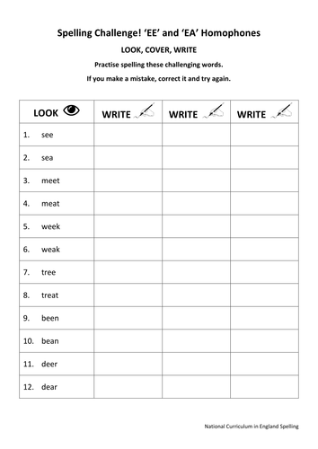 KS1 National Spelling - EE and EA Homophones - 3 Worksheets