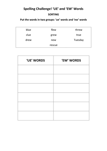 KS1 National Spelling - UE and EW Words - 3 Worksheets